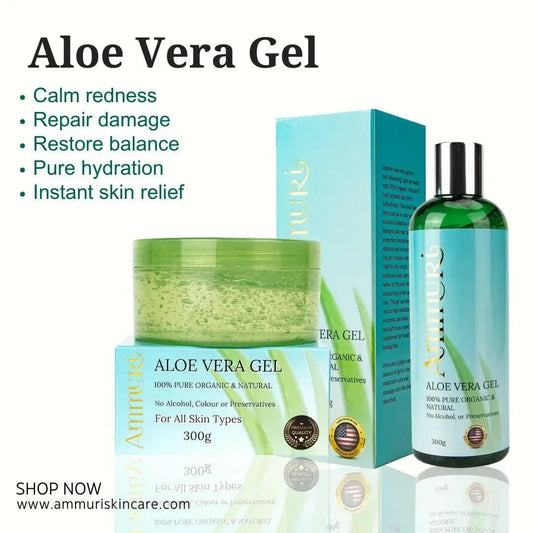 Ammuri Organic Aloe Vera Gel Set – Pure Soothing Gel for Face, Hair & Body (Jar + Bottle 2-Pack – 300g)